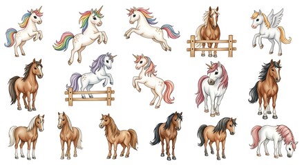 Fototapeta premium Cartoon animals: horses and unicorns