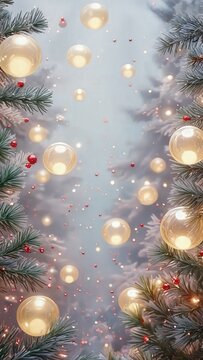 Festive glowing lights among winter pine branches