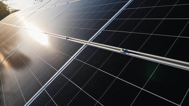 Blue glass solar panels on the building roof create a geometric pattern of alternative energy technology and architecture