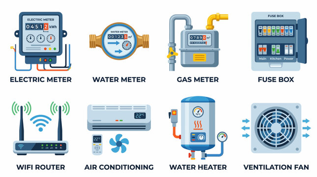 Vector illustration of various household appliances and utility meters in a modern home, featuring electric, water, and gas meters, alongside devices like a wifi router and air conditioning unit.