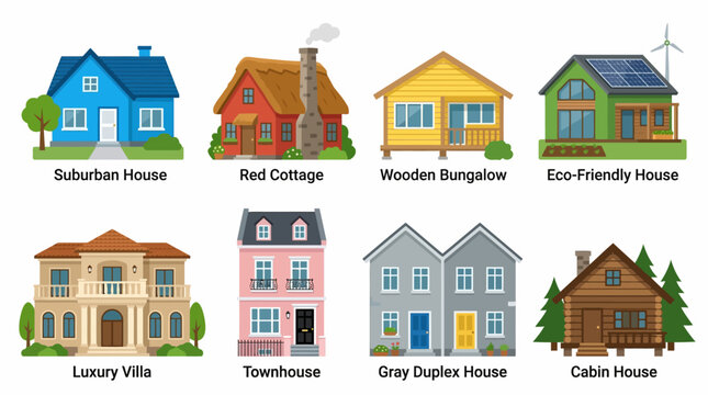 A vector illustration of various houses including suburban homes and cottages in a vector style.