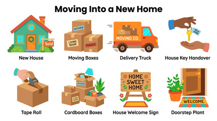 A vector graphic illustrates moving into a new home with various objects.
