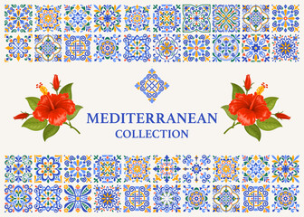 Banner or label template with Mediterranean mosaic tile pattern, classic blue, ocher yellow, green colors, red hibiscus flower on branch. Mediterranean background. Vector illustration © Pagina
