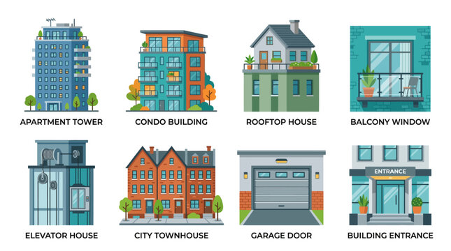 A vector illustration of various colorful city buildings including apartment tower, codo building, rooftop house, balcony window, elevator house, city townhouse, garage door, and building entrance.