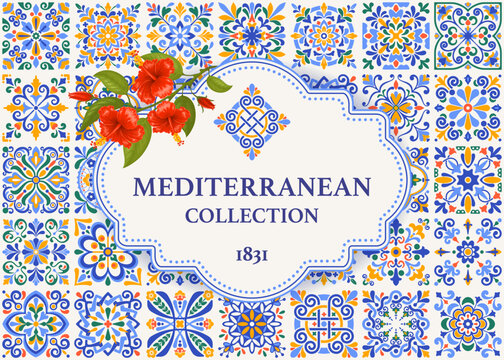 Banner or label template with mediterranean mosaic tile pattern, classic blue, ocher yellow, green colors, red hibiscus flower on branch. Mediterranean background. Vector illustration