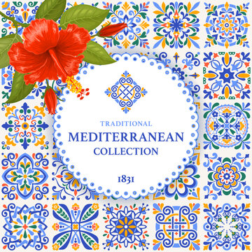 Square banner or label template with mediterranean mosaic tile pattern, classic blue, ocher yellow, green colors, red hibiscus flower on branch. Mediterranean background. Vector illustration