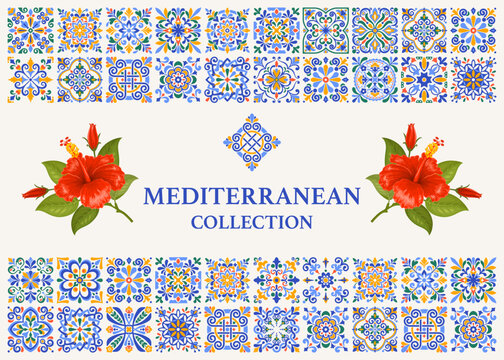 Banner or label template with Mediterranean mosaic tile pattern, classic blue, ocher yellow, green colors, red hibiscus flower on branch. Mediterranean background. Vector illustration
