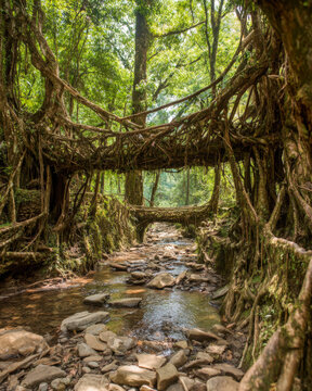 Natural living root bridge arching gracefully over shallow forest stream with wet stones and sunlight