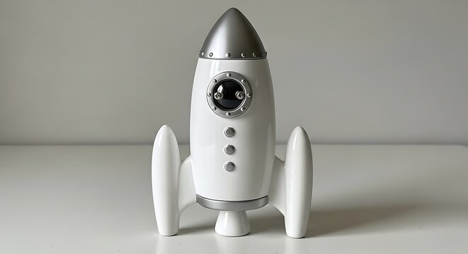White toy rocket with silver details on table