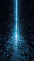 Futuristic city data tunnel with glowing light trails and fragmented streams at night