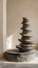 Fototapeta premium Sculptural Layered Stone Pedestal Displaying Rock Arrangement on Minimalist Platform in Modern Studio