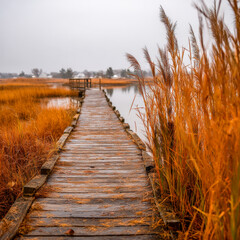Obraz premium Leaf-strewn wooden boardwalk beside marsh grasses and still water, quiet autumn overcast scene