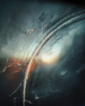 Side-lit arc of wiped dust on aged window glass, subtle reflections and micro texture