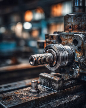 Close-up of industrial machinery with loose bolt and rugged metal components