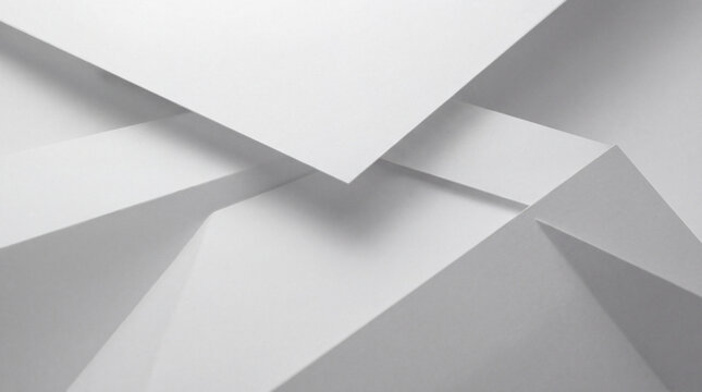 Abstract close-up photograph of white paper sheets layered with geometric overlaps, creating shadows and texture.