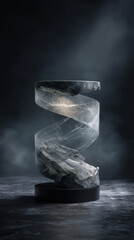 Black and white spiral abstract sculpture on pedestal, modern gallery decor piece