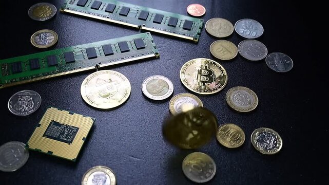 Bitcoin coin thrown onto tech components and money representing crypto investment and technology