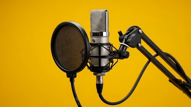 Professional Microphone with Pop Filter on Stand against Yellow Background