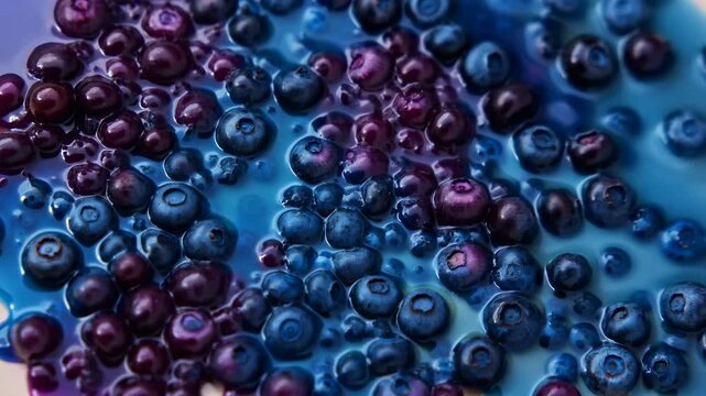 Detailed Macro Image Capturing Blueberries Soaked In Colorful Juice With Textured Surface And Syrup Accents