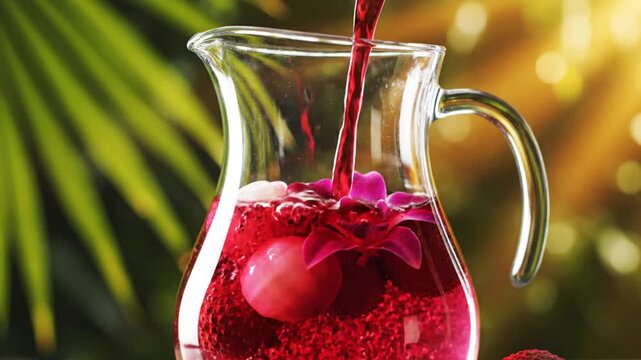 Red juice pouring into glass pitcher with lychees and orchid flower