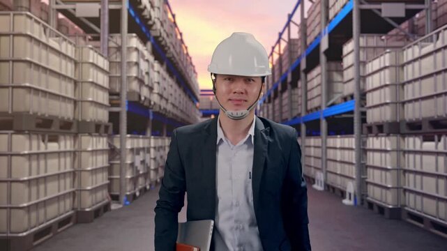 Front View of Asian Businessman Holding Computer While Walking at Warehouse with Stacked Chemical IBC Containers and Barrels at Sunset