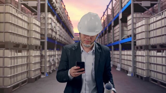 Front View of Asian Businessman Use Smartphone, Holding Blueprint While Walking at Warehouse with Stacked Chemical IBC Containers and Barrels at Sunset