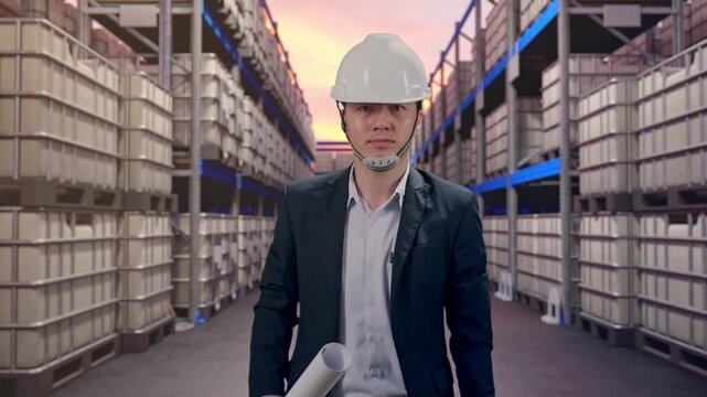 Front View of Asian Businessman Holding Blueprint While Walking at Warehouse with Stacked Chemical IBC Containers and Barrels at Sunset
