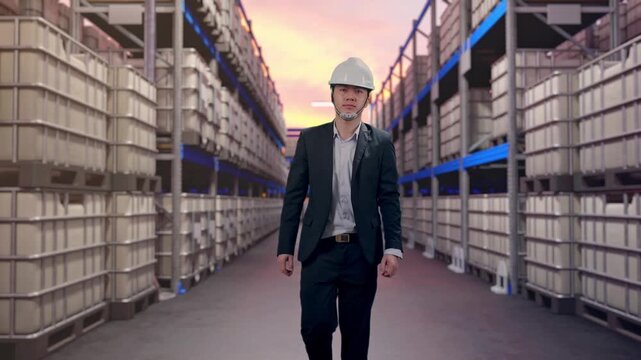 Front View of Asian Businessman Walking at Warehouse with Stacked Chemical IBC Containers and Barrels at Sunset