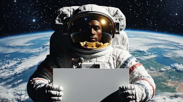 Astronaut in a white spacesuit holds a blank sign in front of Earth from space with a starry night background and a view of the planet's curvature.