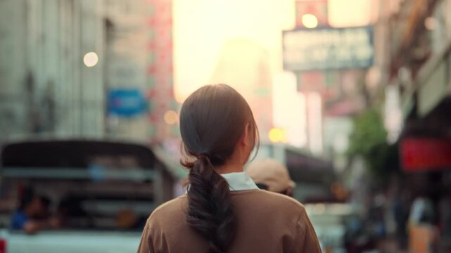 Back view of a young Asian woman with a ponytail looking and walking at the vibrant street of Bangkok Chinatown Yaowarat