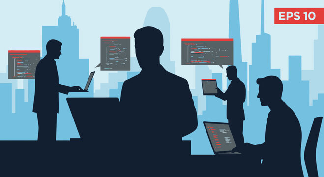 Silhouettes of Software Developers Working on Coding Projects in Modern City Office
