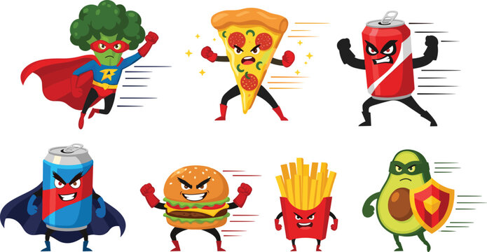 Funny superhero fast food characters set with pizza burger fries soda avocado broccoli mascots comic style vector illustration