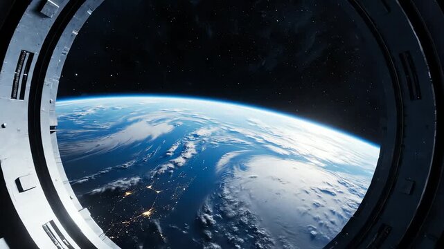 View of Earth from space through a spacecraft window showing clouds and oceans