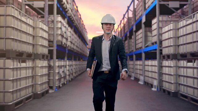 Front View of Asian Businessman Holding Computer While Walking at Warehouse with Stacked Chemical IBC Containers and Barrels at Sunset