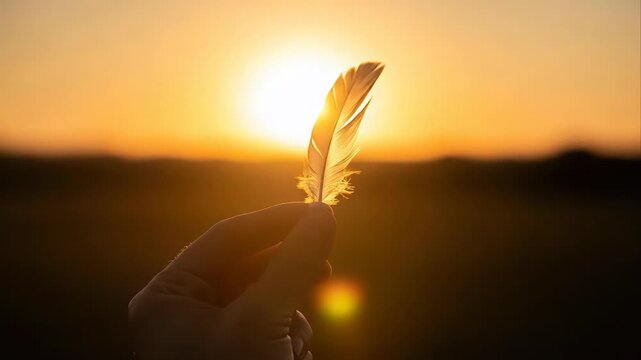 Hand holding feather at sunset.