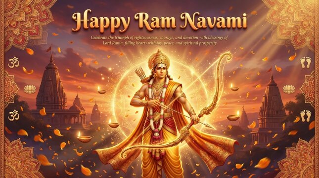 Ram Navami greeting featuring Lord Rama aiming his bow, set against a dramatic sunset sky with ornate mandalas and glowing oil lamps