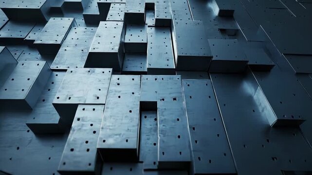 Futuristic dark blue geometric pattern of interconnected cubes and rectangles creating a modern architecture and technology background with depth, texture, and repeating modular forms