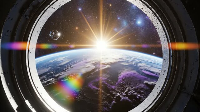 Sunrise over Earth from space station with lens flares and stars in the galaxy background