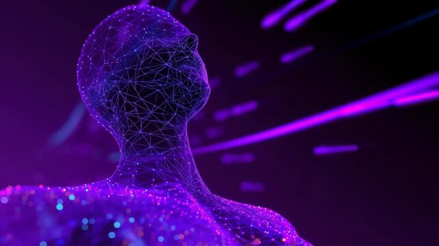 Close-up rear view of a futuristic wireframe human head and shoulders made of glowing purple and cyan network lines, set in a dark neon digital environment to represent artificial intelligence, virtua