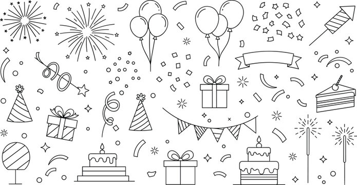 Birthday party elements line art set with balloons cake gift confetti fireworks celebration outline vector illustration collection