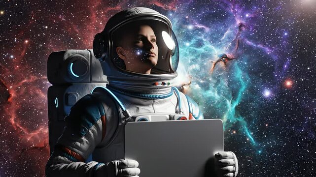 Astronaut in space suit holds tablet with intense gaze amidst vibrant nebula and stars.