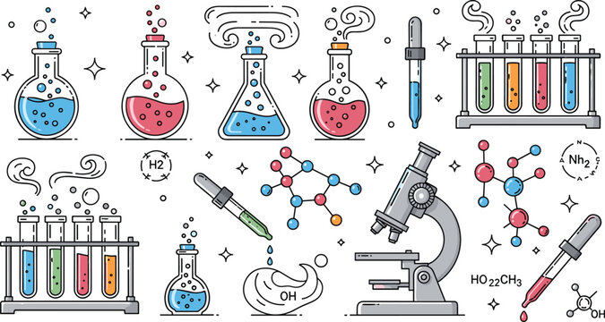 Chemistry laboratory elements set with flasks test tubes microscope molecules science equipment cartoon vector illustration collection