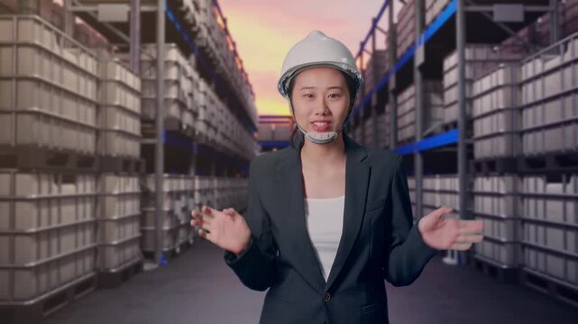Front View of Asian Businesswoman Walking and Speech at Warehouse with Stacked Chemical IBC Containers and Barrels at Sunset