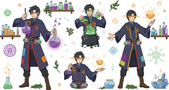 Fantasy alchemist character set brewing potions with magical herbs bottles wizard cartoon vector illustration collection
