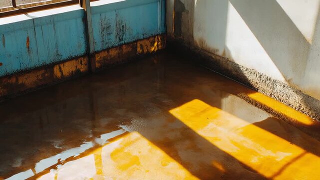 Dirty water pooling in an abandoned industrial space, creating abstract reflections and patterns with sunlight and shadows on the rusty blue gate and concrete walls