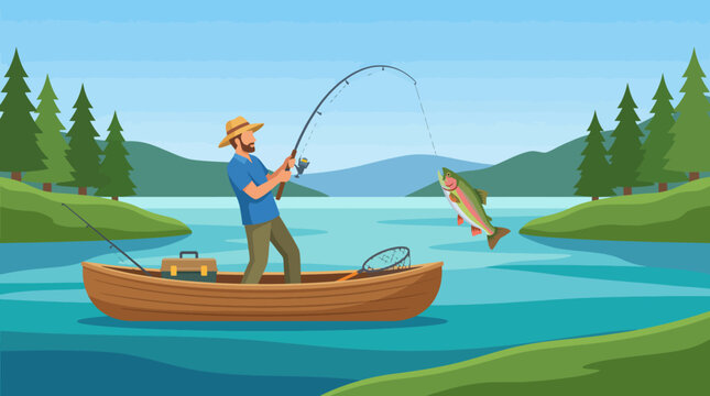 A serene scene depicting a man fishing from a boat on a tranquil lake surrounded by lush greenery, showcasing a peaceful day spent in nature.