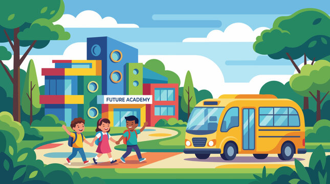 A lively scene showcasing kids walking to a vibrant academy with a yellow bus, representing education, friendship, and the excitement of learning in a bright setting.