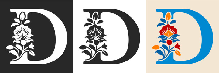Fototapeta premium Capital letter D with floral pattern. Letter A with flowers and leaves. Creative alphabet and decorated typography letter. Vintage patterned font. Isolated on white and black. Vector illustration