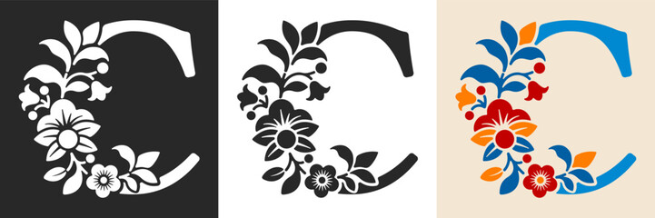 Fototapeta premium Capital letter C with floral pattern. Letter A with flowers and leaves. Creative alphabet and decorated typography letter. Vintage patterned font. Isolated on white and black. Vector illustration