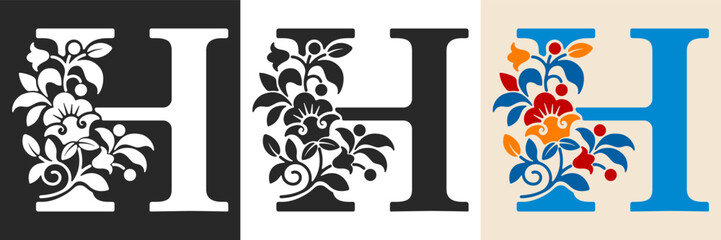 Fototapeta premium Capital letter H with floral pattern. Letter A with flowers and leaves. Creative alphabet and decorated typography letter. Vintage patterned font. Isolated on white and black. Vector illustration